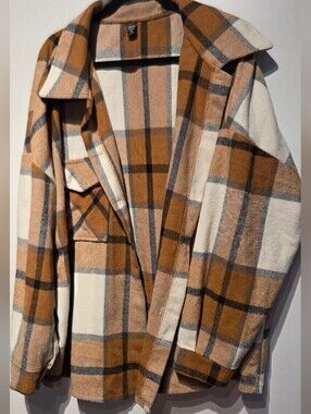 SHEIN Brown & Cream Plaid Shacket Jacket